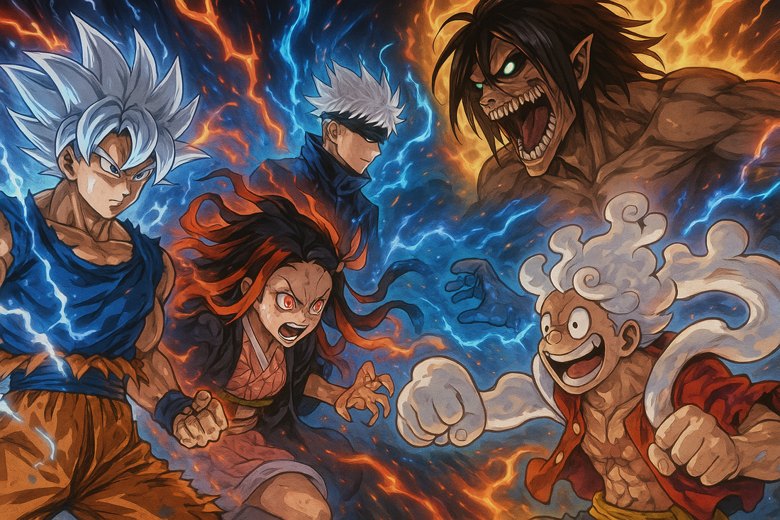 Collage of five anime posters showing Goku Ultra Instinct, Nezuko battle mode, Gojo Satoru, Luffy Gear Fifth, and Eren Titan Form against blue-orange energy