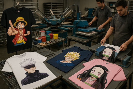 Workers heat-pressing anime-printed T-shirts on a workshop table, several shirts showing Luffy, Gojo, Goku, and Nezuko
